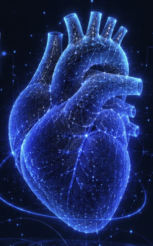 Glowing network-mesh illustration of a heart, representing the connections between cardiologists on Cardiagora